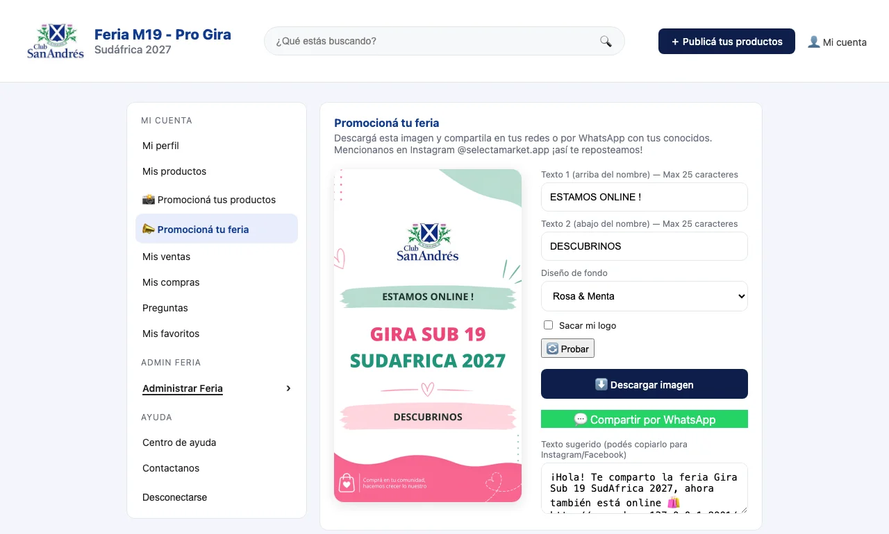 Pantalla "Promocioná tu feria" con la imagen generada y las opciones para probar variantes